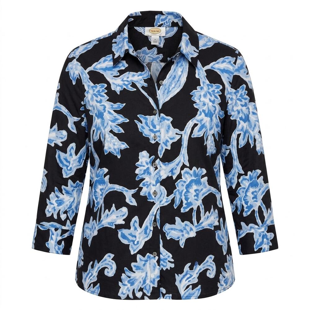 Talbots Black Blue Floral 3/4 Sleeve Button-Up Shirt Blouse Women Size 14